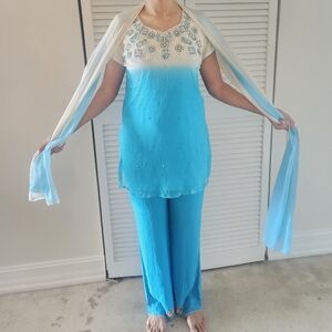 Embellished Turquoise & Ivory Salwar Kameez Set